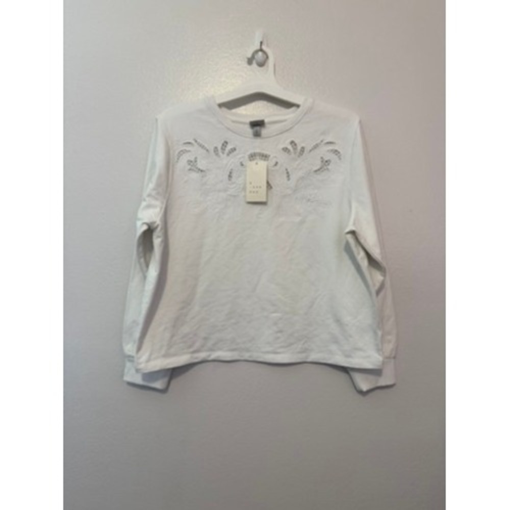 A New Day Womens White Eyelet Lace Embroidered Long Sleeve Sweatshirt NWT M